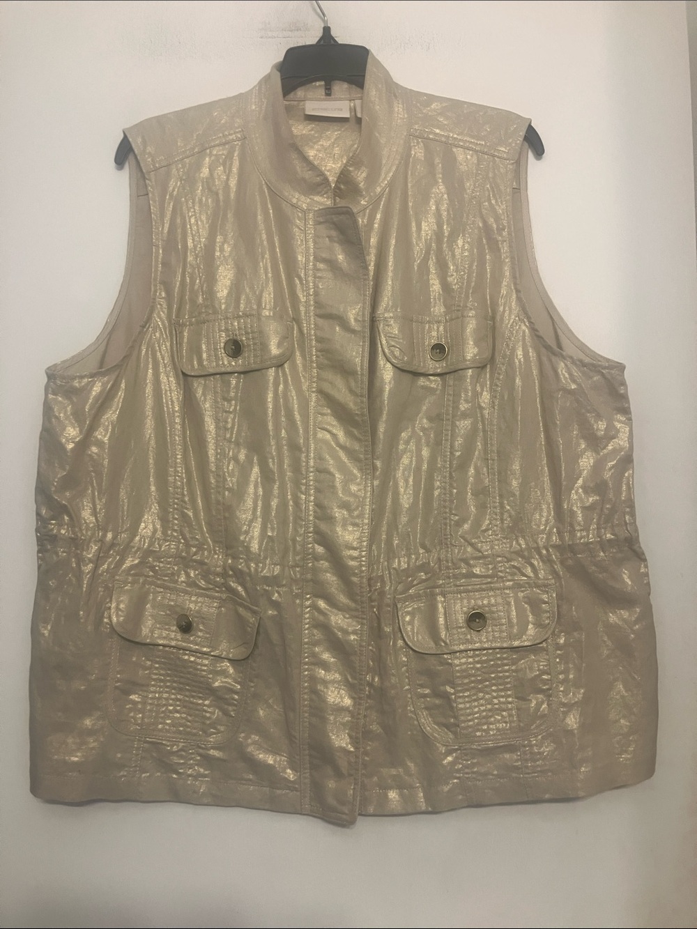 Chico's Metallic Linen-Blend Utility Vest zip front + functional pockets XL/16/3